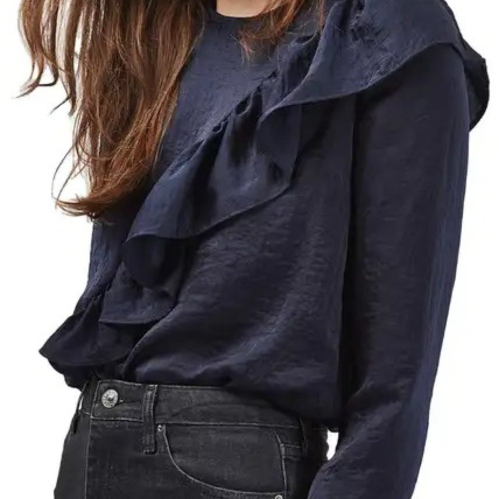 Topshop Navy Satin Ruffle Blouse Size 4